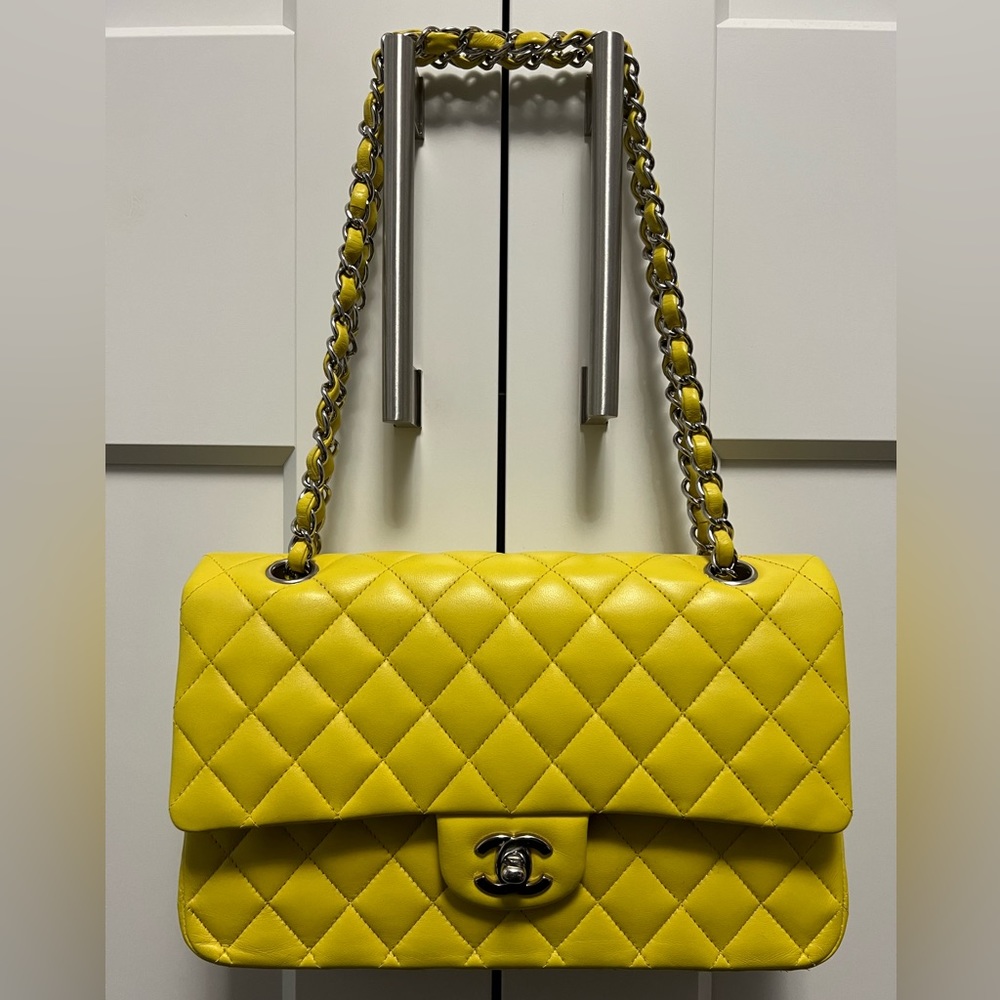 CHANEL Medium Yellow Lambskin Double Flap Bag W/ Silver Hardware ❌SOLD❌